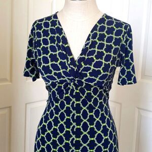 🔴 Y2K MERONA V-neck Twist Sheath Dress Short Sleeve Navy Lime Green